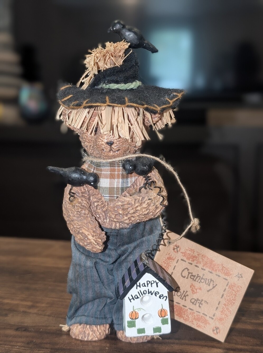 Cranbury Folk Art Rustic Primitive Halloween Scarecrow Bear Figurine & Crows